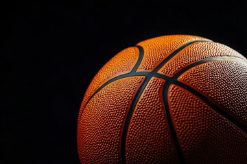 Close-up of Basketball Showing Leather Texture and Seams on Dark Background