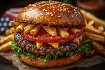 Delicious Stacked Hamburger with Fries, Tomato Slice, Cheese on a Sesame Seed Bun