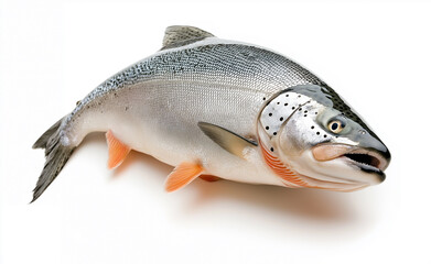 Obraz premium A fresh salmon fish displayed on a white background, showing its sleek silver body and orange fins. 
