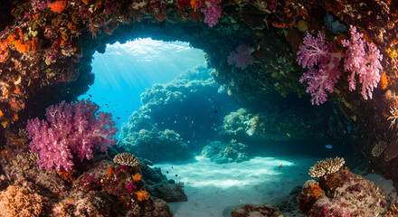 Fototapeta premium Underwater Coral Reef Cave with Sunlight and Vibrant Marine Life