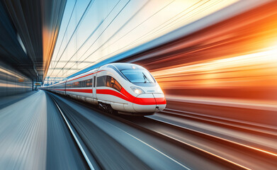 Fototapeta premium A high-speed train in motion, approaching a modern city train station with tall buildings in the background and clear skies above. 