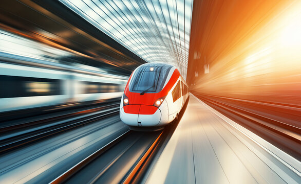 A high-speed train in motion, approaching a modern city train station with tall buildings in the background and clear skies above.
