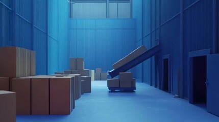 Naklejka premium conveyor with a lot of boxes in a warehouse with a blue walls