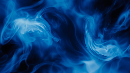 Fototapeta premium Abstract swirling blue smoke texture in dark liquid background 