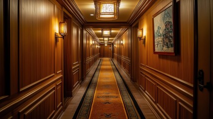 Elegant hotel hallway with wood paneling and ornate carpet