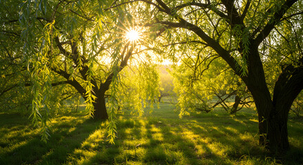 Obraz premium Willow Tree Sunlight Shining Through Branches Over Green Grass Field