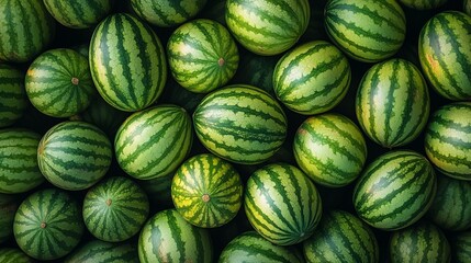 A pile of ripe watermelons with vibrant green stripes, showcasing their freshness and juicy sweetness in a market or farm setting.