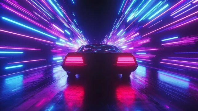 Retro car speeding through neon light tunnel.