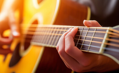 Fototapeta premium Close-up of hands playing an acoustic guitar outdoors during sunset, with warm sunlight illuminating the scene. 