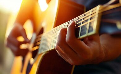 Close-up of hands playing an acoustic guitar outdoors during sunset, with warm sunlight illuminating the scene.
