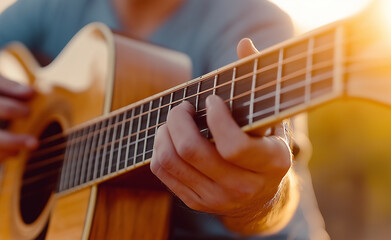 Obraz premium Close-up of hands playing an acoustic guitar outdoors during sunset, with warm sunlight illuminating the scene. 