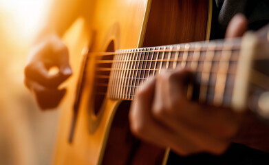 Fototapeta premium Close-up of hands playing an acoustic guitar outdoors during sunset, with warm sunlight illuminating the scene. 