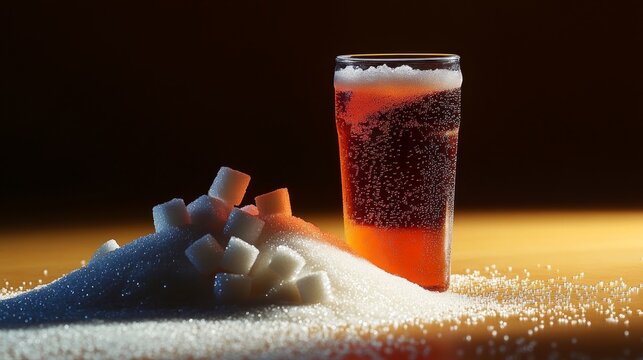  medium plan, horizontal angle, there is a harmful energy drink on the table, a mountain of sugar is scattered around the energy drink on the table