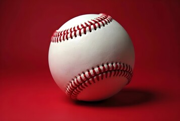 Close-up of Baseball with Red Stitching on a Dark Red Background