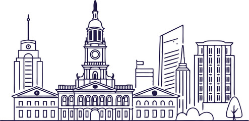 Philadelphia skyline, elegantly featuring landmarks like the Liberty Bell and Independence Hall in a sleek, continuous-line style. © Ashes Studio