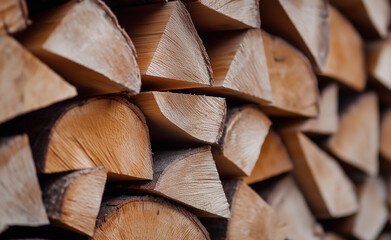 Fototapeta premium A close-up view of stacked firewood logs with a focus on the cut ends showing their natural rings, conveying warmth and rustic charm. 