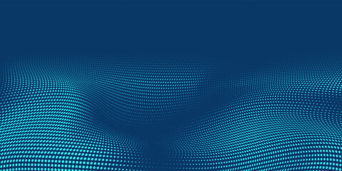 Fototapeta premium Dark blue halftone dotted abstract background, big data pattern, technology or futuristic visualization, waveform dot texture, music backdrop. ,Beautiful
