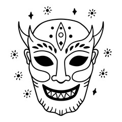 Obraz premium Intricate Tribal Mask with Horns and Decorative Elements in Black and White Art