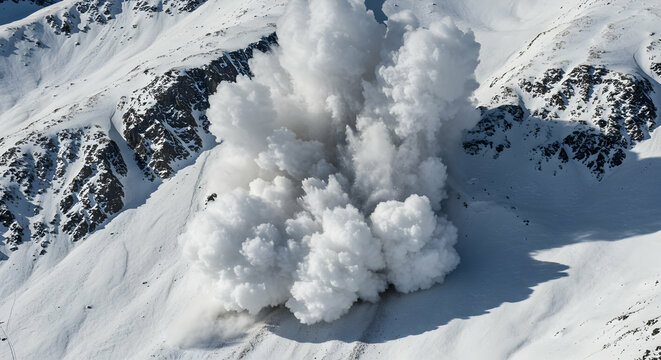 Avalanche on Snowy Mountain Slope Creating Dramatic Cloud of Snow Dust