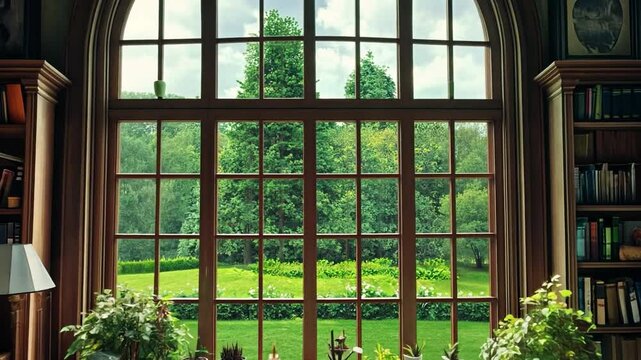 Serene Library view: Inside a stately library, a large, arched window frames a vibrant outdoor vista of lush greenery, inviting a sense of calm and contemplation.
