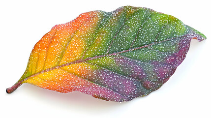 Vibrant autumn leaf with dew drops.  A single, colorful leaf, displaying a mix of autumnal hues?orange, yellow, red, purple, and green?is highlighted by water droplets that appear frosted or glazed.  