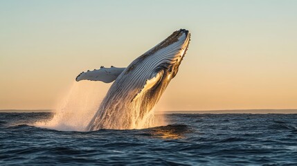 A giant whale breaching the ocean surface into beautiful sunlight