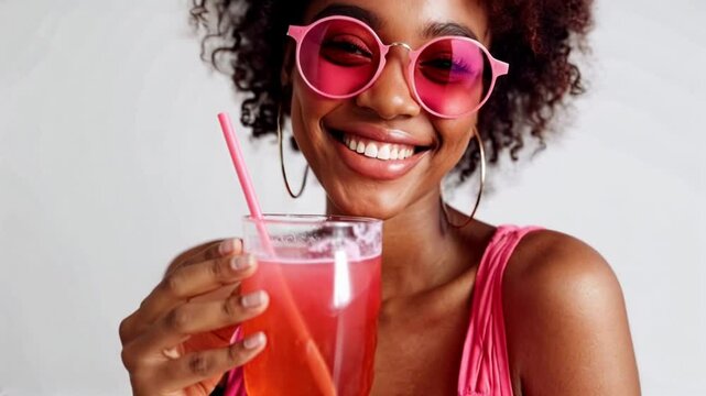Young happy woman posing with a colorful drink