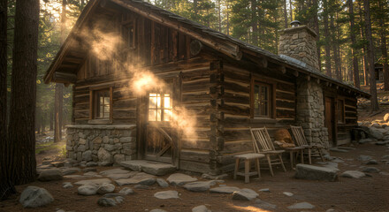 Fototapeta premium Log Cabin Forest Retreat Sunlight Streams Through Trees and Windows