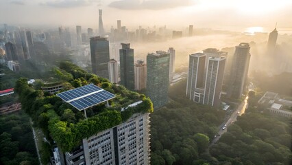 Futuristic Green City with Rooftop Gardens and Solar Panels – Sustainable Urban Landscape