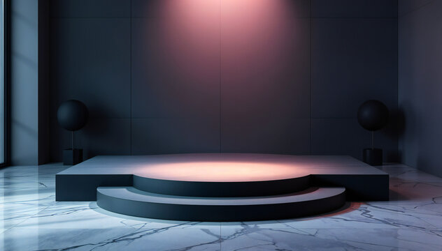 Modern interior design of a spacious living room with elegant furniture and warm lighting