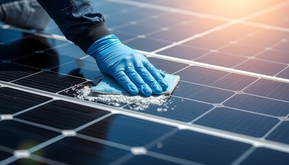 solar panel cleaning, blue gloved hand, microfiber cloth, photovoltaic array, sunlight reflection, renewable energy maintenance, close-up detail, industrial technology, environmentally friendly