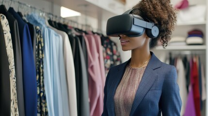 Woman Uses VR Headset for Virtual Fashion Shopping Experience in Modern Clothing Store