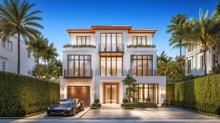 A luxurious modern home with a sports car in the driveway