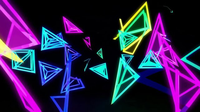 Dynamic neon triangles exploding in a dark environment with vibrant colors and energetic motion. 4k stock footage