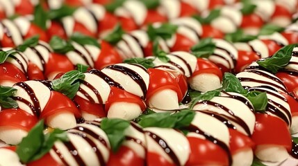 Freshly prepared caprese salad appetizers arranged in a neat display
