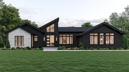 Obraz premium A modern single level house with dark exterior and large windows