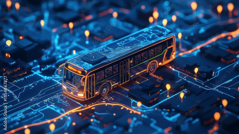 Poster futuristic digital bus navigating a smart city circuit.