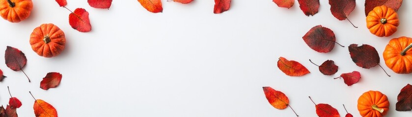 Obraz premium Overhead view displaying small pumpkins and colorful autumn leaves elegantly