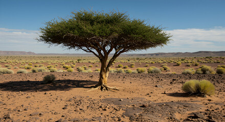 Fototapeta premium Lone Tree Standing in Desert Landscape Under Blue Sky