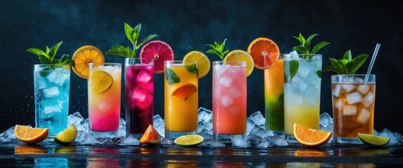 Colorful cocktails, vibrant fruit garnishes, glass tumblers, ice cubes, tropical drinks, refreshing beverages, bar counter, moody lighting, dark background, reflective surface, citrus slices, mint lea