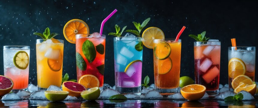 Colorful cocktails, vibrant fruit garnishes, glass tumblers, ice cubes, tropical drinks, refreshing beverages, bar counter, moody lighting, dark background, reflective surface, citrus slices, mint lea