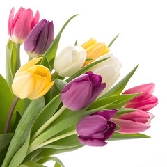 Fototapeta premium Colorful Tulips in a Vase, a vibrant arrangement of multi-colored tulips in a vase, showcasing shades of yellow, pink, and purple