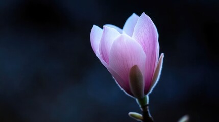 Obraz premium Delicate pink magnolia flower, softly lit against a dark backdrop. Close-up showcasing the petals' texture and subtle color variations