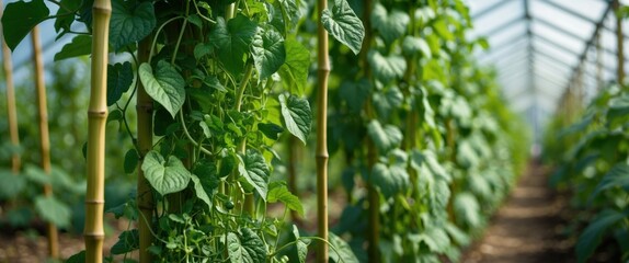 Obraz premium Greenhouse interior, rows of green tomato plants, vines climbing support stakes, lush foliage, glass roof visible, natural light, organic farming, hydroponic gardening, industrial agriculture, panoram