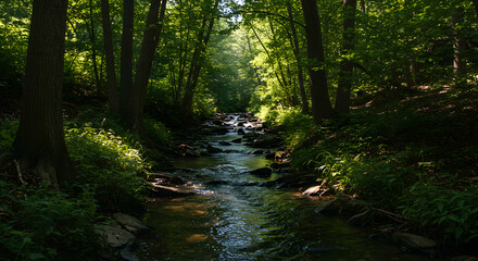 Obraz premium Flowing Stream Through Green Forest with Sunlight Filtering Through Trees