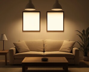 Cozy living room with beige sofa, wooden coffee table, and two empty frames under warm lights at night.