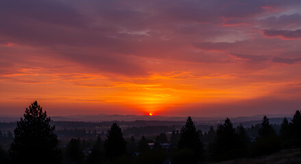 Fototapeta premium Vibrant Sunrise Over Forest Landscape with Colorful Sky and Trees
