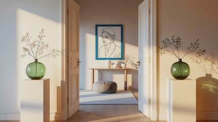 Modern Elegant Entryway with Warm Natural Light, White Pedestals, Round Green Vases, Minimalist Wooden Table, Gray Pouf, Blue Framed Artwork, Neutral Tones, Inviting Atmosphere