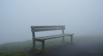 Bench in Fog Solitude on a Hillside with Atmospheric Mystery