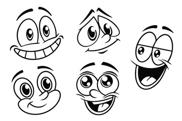 20 Cartoon eyes, expressive faces, doodle emotions, black and white sketches, simple line drawings, cute character expressions, various mouth shapes, eyeballs with eyelids, tongue sticking out, fangs,